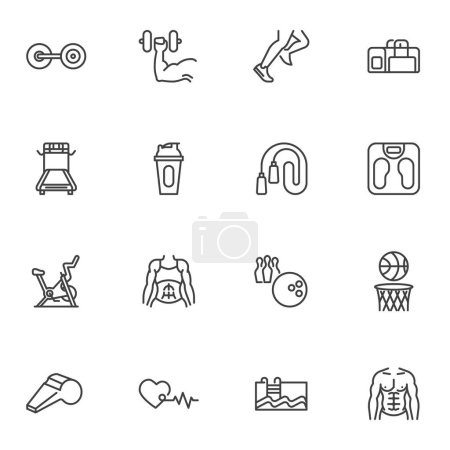 Illustration for Gym sports line icons set, outline vector symbol collection, linear style pictogram pack. Signs, logo illustration. Set includes icons as slim woman body, muscular man torso, treadmill, fitness bag - Royalty Free Image