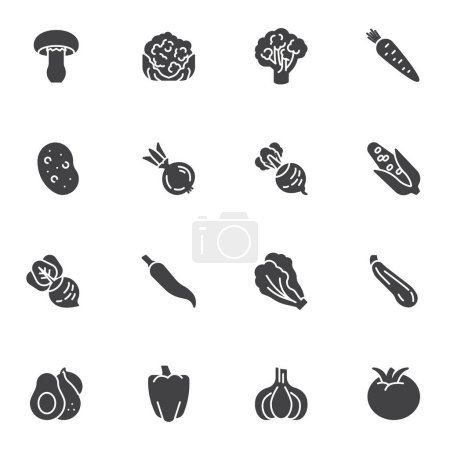 Téléchargez les illustrations : Vegetables vector icons set, modern solid symbol collection, filled style pictogram pack. Signs, logo illustration. Set includes icons as broccoli, potato, carrot, tomato, avocado, garlic, aubergine - en licence libre de droit