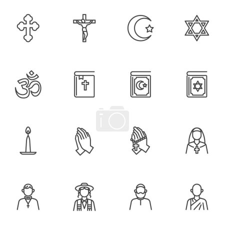 Photo for Religious symbols line icons set, outline vector symbol collection, linear style pictogram pack. Signs, logo illustration. Set includes icons as holy bible and koran book, jewish star, crucifix cross - Royalty Free Image