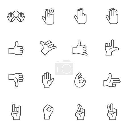 Ilustración de Hand gestures line icons set, outline vector symbol collection, linear style pictogram pack. Signs, logo illustration. Set includes icons as two finger touch, thumb up, hand peace gesture - Imagen libre de derechos