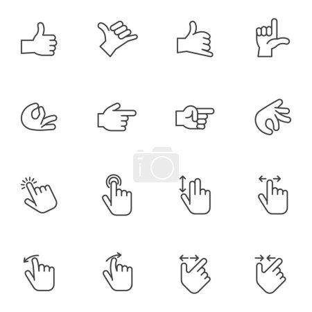 Ilustración de Hand gestures line icons set, outline vector symbol collection, linear style pictogram pack. Signs, logo illustration. Set includes icons as finger double tap, swipe right and left, thumb up gesture - Imagen libre de derechos