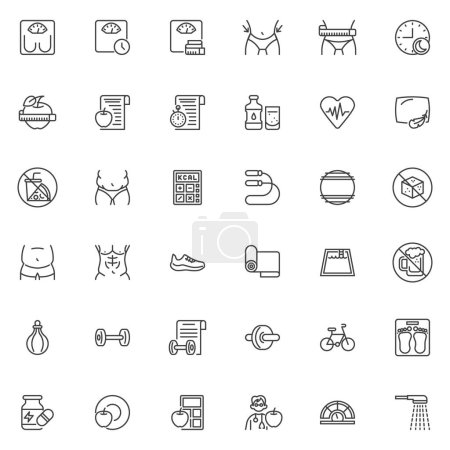 Illustration for Weight loss line icons set. Diet and fitness linear style symbols collection, outline signs pack. Healthy lifestyle vector graphics. Set includes icons as overweight woman, slim waist, muscular torso - Royalty Free Image