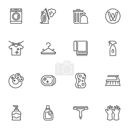 Illustration for Cleaning service line icons set, outline vector symbol collection, linear style pictogram pack. Signs, logo illustration. Set includes icons as laundry, washing machine, dishwashing, detergent bottle - Royalty Free Image