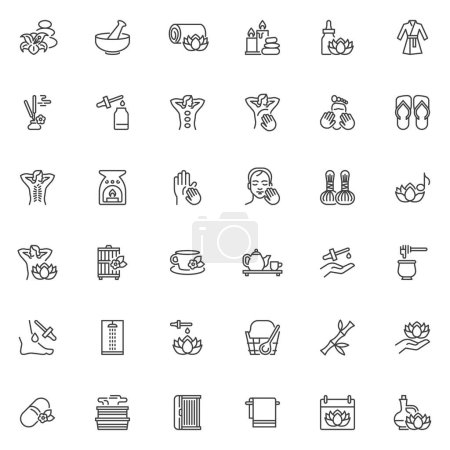 Illustration for Spa and massage line icons set. linear style symbols collection, outline signs pack. Spa salon vector graphics. Set includes icons as essential oil bottle, acupuncture therapy, Incense sticks, sauna - Royalty Free Image