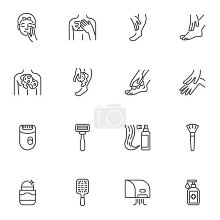 Illustration for Personal hygiene line icons set, outline vector symbol collection, linear style pictogram pack. Signs, logo illustration. Set includes icons as face wash, shaving trimmer, hair brush, deodorant - Royalty Free Image