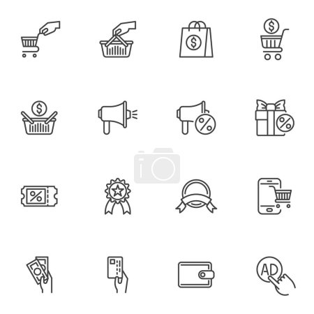 E-Commerce Marketing Line Icons Set, Online Shopping Outline Vektor Symbolsammlung, linearer Stil Piktogramm Pack. Schilder Logo Illustration. Set enthält Symbole wie Warenkorb, Rabatt, Verkauf, Zahlung