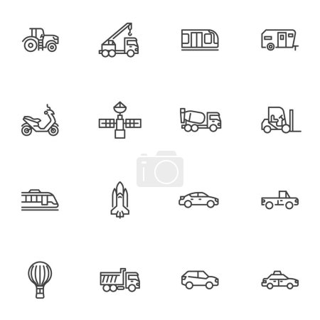 Conjunto de iconos de línea de transporte, colección de símbolos vectoriales de contorno, paquete de pictogramas de estilo lineal. Signos, ilustración del logotipo. El conjunto incluye iconos como tractor, tren, coche sedán, camión, barco, scooter, satélite