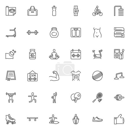 Illustration for Sports equipment line icons set. linear style symbols collection, outline signs pack. Gym and fitness vector graphics. Set includes icons as exercise bike, treadmill machine, yoga mat, dumbbell, ball - Royalty Free Image