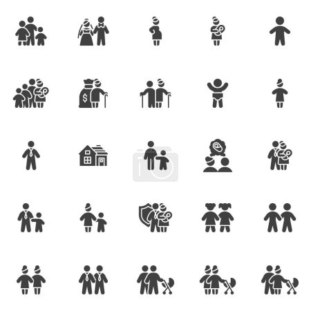 Conjunto de iconos vectoriales de relación familiar, colección de símbolos sólidos modernos, paquete de pictogramas de estilo relleno. Signos, ilustración del logotipo. El conjunto incluye iconos como maternidad, embarazo, paternidad, hijo, abuela