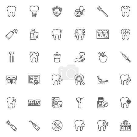Zahnpflege Linie Symbole gesetzt. Linearen Stil Symbole Sammlung, Umrisse Zeichen Packung. Vektorgrafiken für zahnärztliche Behandlungen. Set enthält Symbole wie Zahnarztwerkzeug, Zahnbürste, Implantatzahn, Mundspülzahnspange