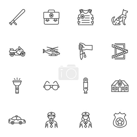 Illustration for Police and security line icons set, outline vector symbol collection, linear style pictogram pack. Signs, logo illustration. Set includes icons as policeman, police department, body armor, baton - Royalty Free Image