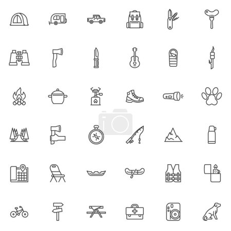 Illustration for Camping and hiking line icons set. linear style symbols collection, outline signs pack. Travel outdoor vector graphics. Set includes icons as camping tent, campfire, trailer, hiking boot, backpack - Royalty Free Image