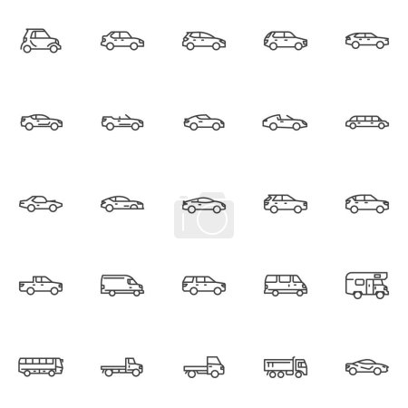 Ilustración de Tipo de coches conjunto de iconos de línea. colección de símbolos de estilo lineal, contorno signos paquete. Coches y vehículos gráficos vectoriales. El conjunto incluye iconos como modelo de camión de volteo, sedán, minivan, hatchback, suv, autobús escolar - Imagen libre de derechos