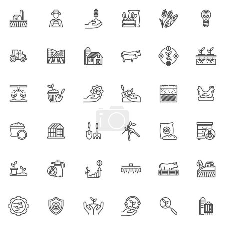 Illustration for Agriculture and farming line icons set. linear style symbols collection, outline signs pack. Farming and gardening vector graphics. Set includes icons as Beekeeping, Horticulture, Harvest, Livestock - Royalty Free Image