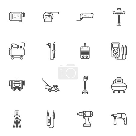 Illustration for Power tools line icons set, outline vector symbol collection, linear style pictogram pack. Signs logo illustration. Set includes icons as electric drill, battery screwdriver, air compressor, lawnmower - Royalty Free Image