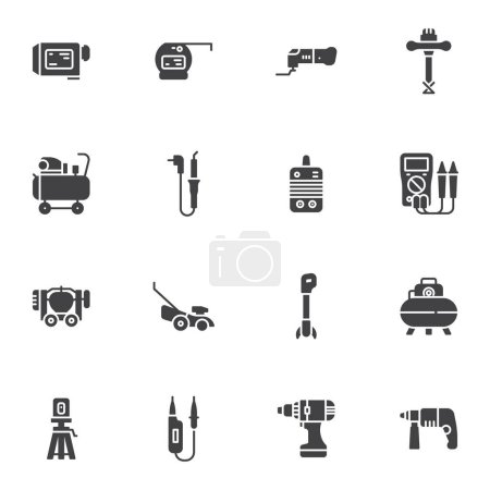 Illustration for Power tools vector icons set, modern solid symbol collection, filled style pictogram pack. Signs logo illustration. Set includes icons as electric drill, battery screwdriver, air compressor, lawnmower - Royalty Free Image