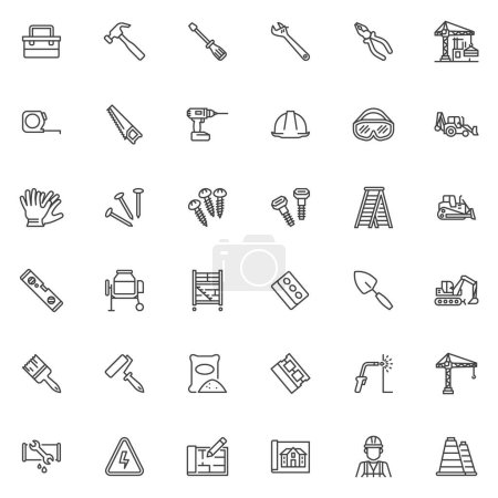 Illustration for Tools and construction line icons set. linear style symbols collection, outline signs pack. Repair tools vector graphics. Set includes icons as construction worker, safety workwear, tool box, wrench - Royalty Free Image