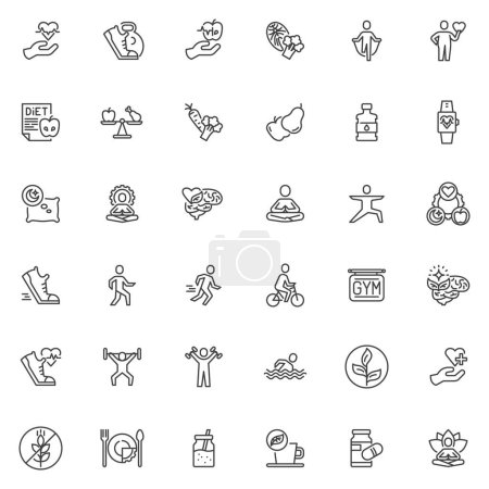Illustration for Healthy lifestyle line icons set. linear style symbols collection, outline signs pack. Sports and health vector graphics. Set includes icons as fitness, nutrition, diet food, yoga meditation, wellness - Royalty Free Image