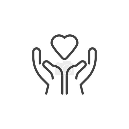 Téléchargez les illustrations : Mains tenant l'icône de la ligne du cœur. signe de style linéaire pour concept mobile et web design. mains avec icône vectorielle contour coeur. Symbole d'amour, illustration de logo. Graphiques vectoriels - en licence libre de droit