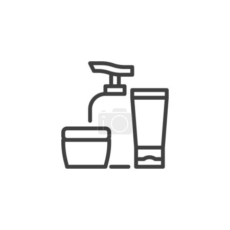 Illustration for Cosmetic bottles line icon. Cream jar with soap bottle and gel tube linear style sign for mobile concept and web design. Personal care cosmetics outline vector icon. Symbol, logo illustration - Royalty Free Image