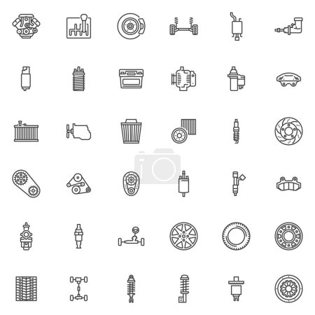Illustration for Auto parts line icons set. linear style symbols collection, outline signs pack. Car repair service vector graphics. Set includes icons as car engine, wheel tyre, brake system, clutch, air filter - Royalty Free Image