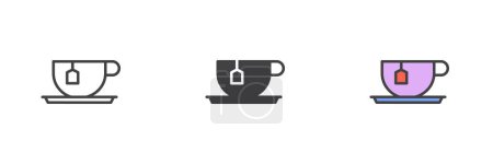Téléchargez les illustrations : Tasse à thé avec sac de thé ensemble icône de style différent. Ligne, glyphe et contour rempli version colorée, contour et signe vectoriel rempli. Symbole, illustration du logo. Graphiques vectoriels - en licence libre de droit