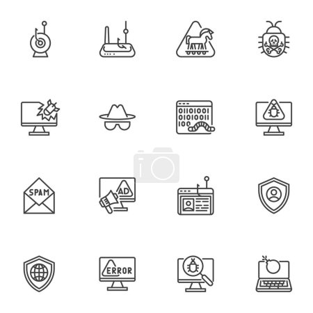 Illustration for Hacking and cyber attack line icons set, outline vector symbol collection, linear style pictogram pack. Signs logo illustration. Set includes icons as cyber security, privacy, scam, spam, computer bug - Royalty Free Image