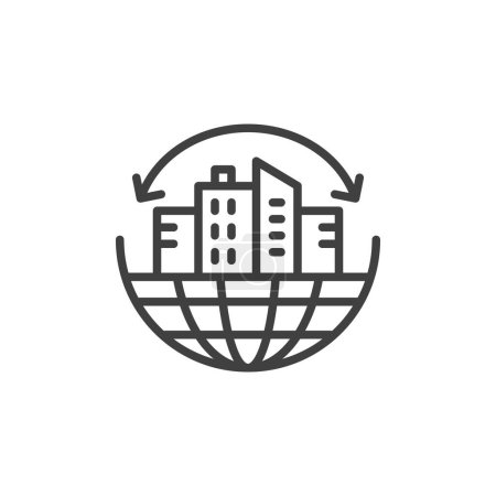 Icono de línea Urban Sprawl. signo de estilo lineal para el concepto móvil y el diseño web. Edificios de la ciudad en un mundo esbozan icono de vector. Símbolo de superpoblación, ilustración del logotipo. Gráficos vectoriales