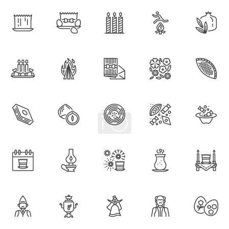 Ilustración de Novruz conjunto de iconos de la línea de vacaciones. colección de símbolos de estilo lineal, contorno signos paquete. Azerbaiyán vacaciones novruz gráficos vectoriales. El conjunto incluye iconos como semeni, shekerbura, pakhlava, bandeja de khoncha, hoguera - Imagen libre de derechos