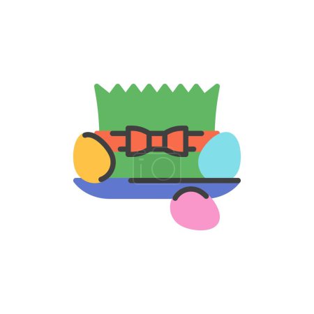 Ilustración de Brotes de Novruz Semeni con cinta y huevos icono plano, signo vectorial, pictograma colorido aislado en blanco. Símbolo, ilustración del logotipo. Diseño de estilo plano - Imagen libre de derechos