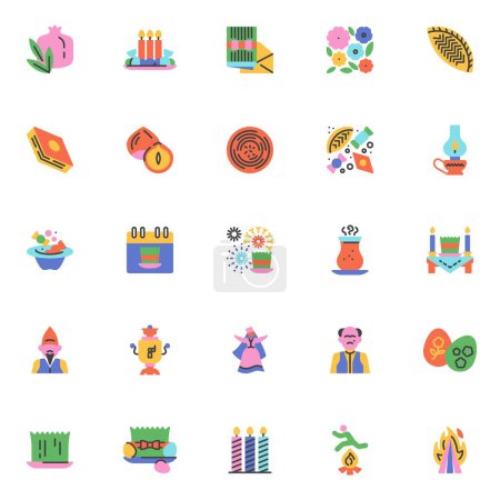 Ilustración de Azerbaiyán día de fiesta novruz elementos colección, conjunto de iconos planos, colorido paquete de símbolos contiene - semeni, shekerbura, pakhlava, bandeja de khoncha, hoguera. Ilustración vectorial. Diseño de estilo plano - Imagen libre de derechos