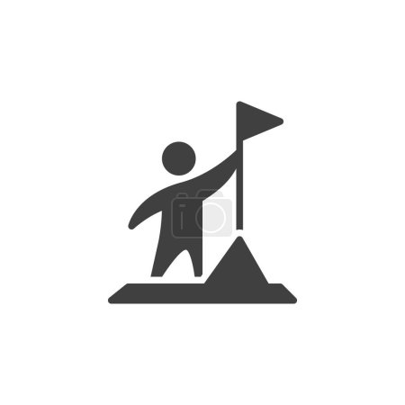 Person standing on a mountaintop holding a flag vector icon. filled flat sign for mobile concept and web design. Personal Achievement glyph icon. Symbol, logo illustration. Vector graphics