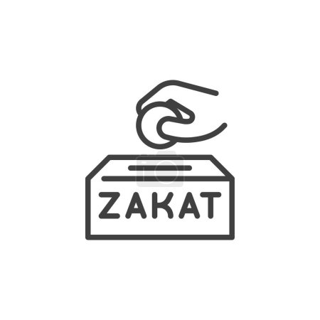 Hand legt Geld in Zakat Box Linie Symbol. Lineares Stilschild für mobiles Konzept und Webdesign. Spendenbox für Zakat Outline Vector Icon. Symbol, Logoabbildung. Vektorgrafik