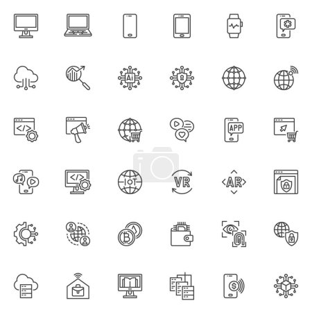 Photo for Technology and Digital line icons set. linear style symbols collection, outline signs pack. Digital technology vector graphics. Set includes icons as computer device, mobile phone, cyber security - Royalty Free Image