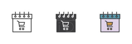 Photo for Calendar with shopping cart different style icon set. Line, glyph and filled outline colorful version, outline and filled vector sign. Shopping day calendar schedule symbol, logo illustration. - Royalty Free Image