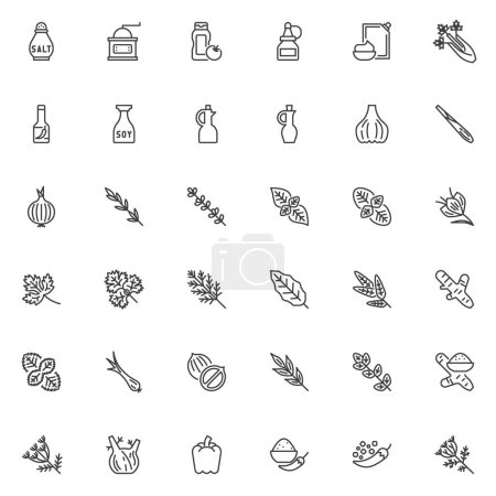 Photo for Condiment and herbs line icons set. linear style symbols collection, outline signs pack. Cooking Herbs and Spices vector graphics. Set includes icons as salt, pepper seasoning, ketchup, curry powder - Royalty Free Image