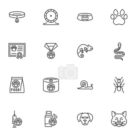Animaux de compagnie, animaux domestiques ligne icônes ensemble, collection de symboles vectoriels contour, paquet de pictogramme de style linéaire. Signes, illustration du logo. Ensemble comprend des icônes comme serpent, lézard, chien, chat, escargot, roue de hamster, fourmi