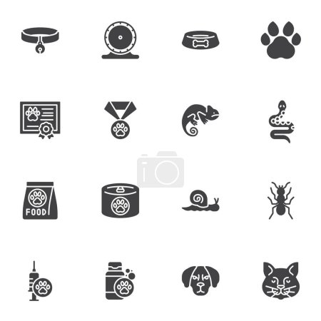 Ensemble d'icônes vectorielles pour animaux domestiques, collection moderne de symboles solides, paquet de pictogrammes de style rempli. Signes, illustration du logo. Ensemble comprend des icônes comme serpent, lézard, chien, chat, escargot, roue de hamster, fourmi