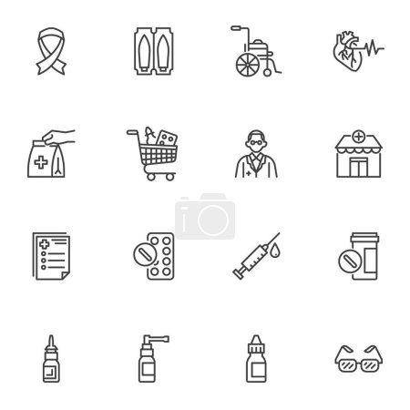 Photo for Pharmacy line icons set, outline vector symbol collection, linear style pictogram pack. Signs, logo illustration. Set includes icons as prescription, medicine pills, eye drops, vaccine, medication - Royalty Free Image