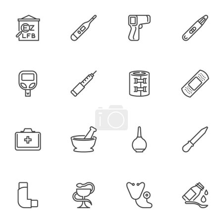 Photo for Pharmacy related line icons set, outline vector symbol collection, linear style pictogram pack. Signs, logo illustration. Set includes icons as medical thermometer, first aid kit, diabetes test - Royalty Free Image