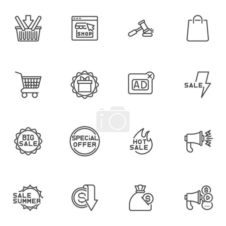 Photo for Promotion and advertisement line icons set, outline vector symbol collection, linear style pictogram pack. Signs, logo illustration. Set includes icons as online shopping, special offer, hot sale - Royalty Free Image