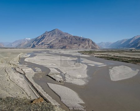 Photo for Mountains, flowing Shyok river with blue sky background on way to Diskit in Nubra valley, Leh. - Royalty Free Image