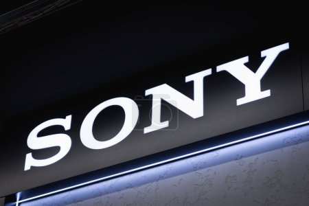 Photo for Close-up on the SONY logo on a decorative wall in store. Almaty, Kazakhstan - April 15, 2023 - Royalty Free Image