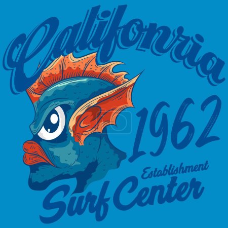 Illustration for Monster of sea with text California Beach Surf Center Wild Sea college design, Surf Attack California beach, Illustration sea monster. - Royalty Free Image
