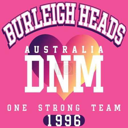 Illustration for Burleigh Heads island Beach, Australia One Strong team College design. Sport team Varsity Style. Heart gradient. - Royalty Free Image