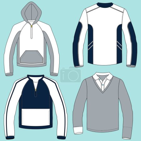 Illustration for Technical fashion illustration Unisex Hoodie. Set of Hoodie Sweatshirt planetary technical drawing fashion, pocket, zipper, front and back view, white, women, men CAD makeup. - Royalty Free Image
