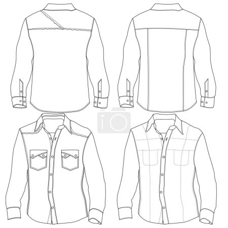 Illustration for Silhouettes or technical outlines of long-sleeved and short-sleeved shirts, seasonal cuts and pockets for men, boys, girls or women. trendy for any season - Royalty Free Image