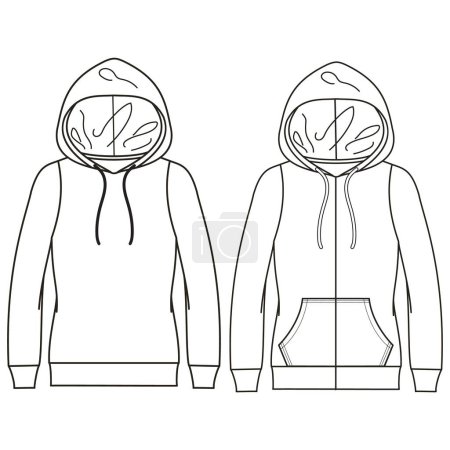 Silhouettes or technical lines of sweatshirts for both men and women for seasonal clothing, some with an opening in the front, bag and hood.