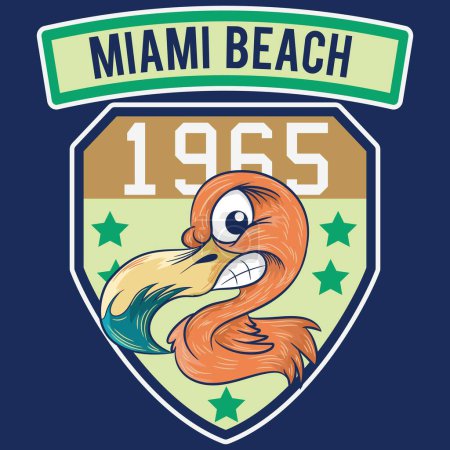 Téléchargez les illustrations : Illustration flamant rose style surf avec patchwork et texte Miami plage depuis 1965. printemps été - en licence libre de droit
