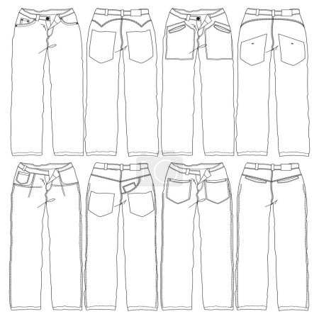 Illustration for Front and back vector jean jean pants for men flat cartoon fashion illustration, five pocket denim trousers vector template - Royalty Free Image